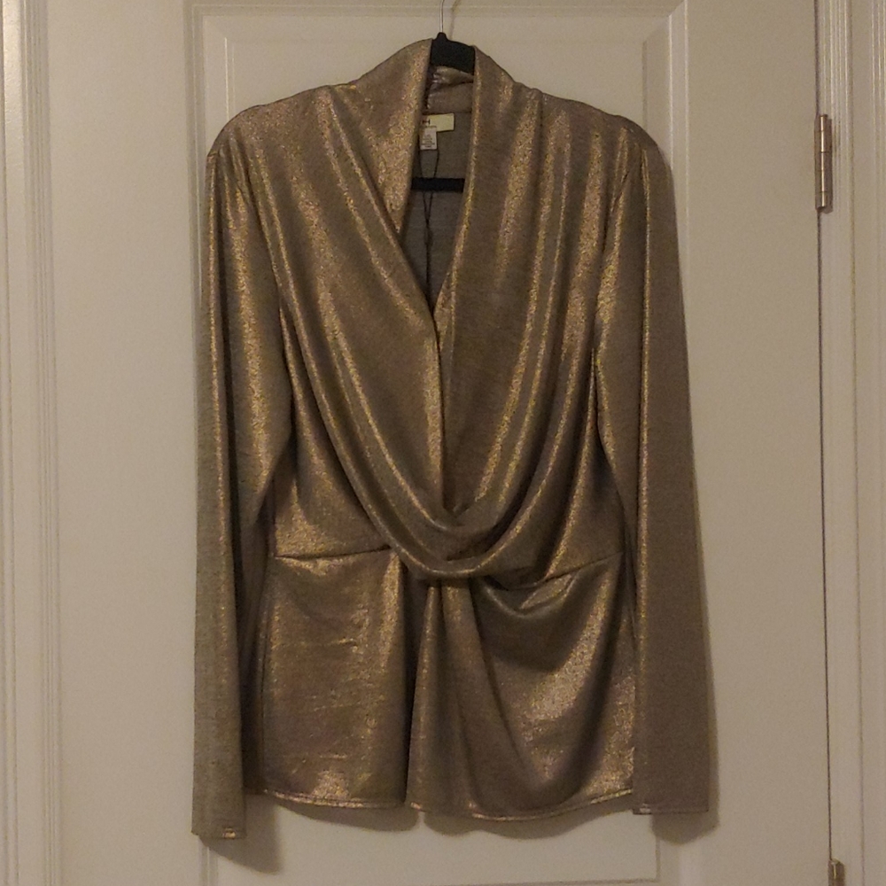 H by Halston Metallic Gold Long-Sleeve Blouse